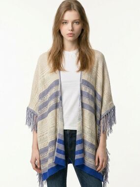FRANCESCA’S | MIAMI Tan and Blue Sweater Kimono NEW Women’s Size Large
